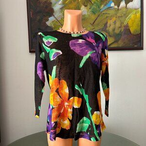 Lauren Ralph Lauren NWT Linen Black Floral 3/4 Sleeve Top